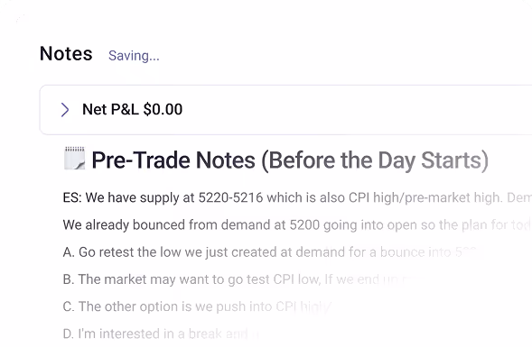 Trade notes and reflections feature for adding context to every trade in MarketFuture AI
